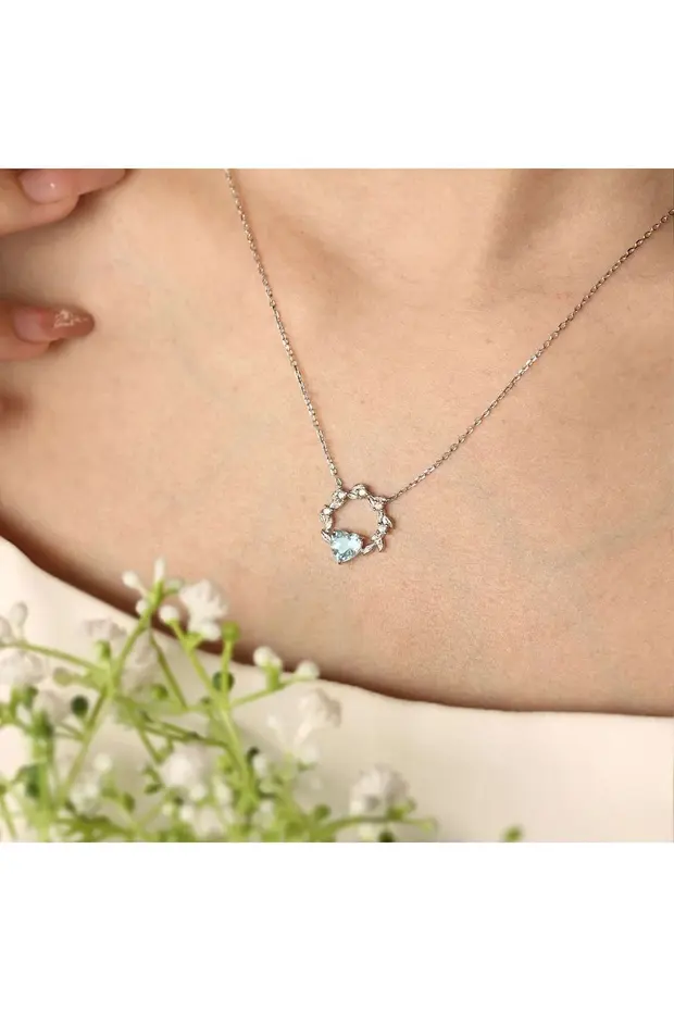 925 Ayar Gümüş Rodyum Kaplama Aqua Kalp Taşlı Vintage Kolye